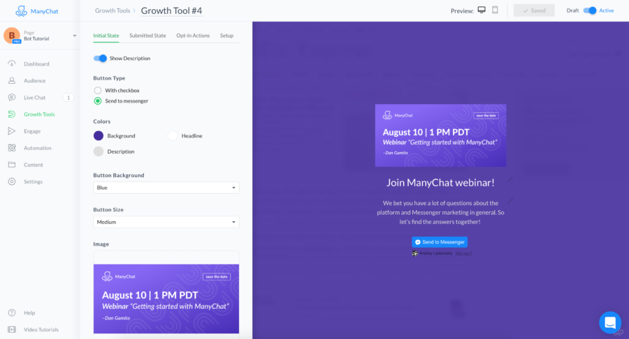 landing page do manychat